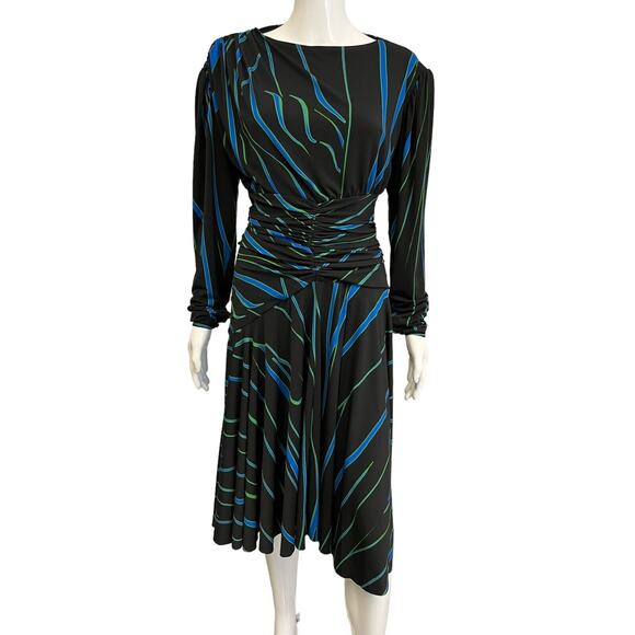 PREEN BY THORNTON BREGAZZI Black Multi Striped Stretch Crepe Midi Dress M